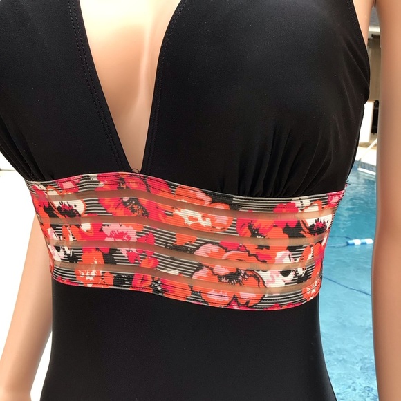 NWOT Time and Tru Womens Black Floral Mesh Band One Piece Swimsuit Medium 8-10 - Picture 2 of 7